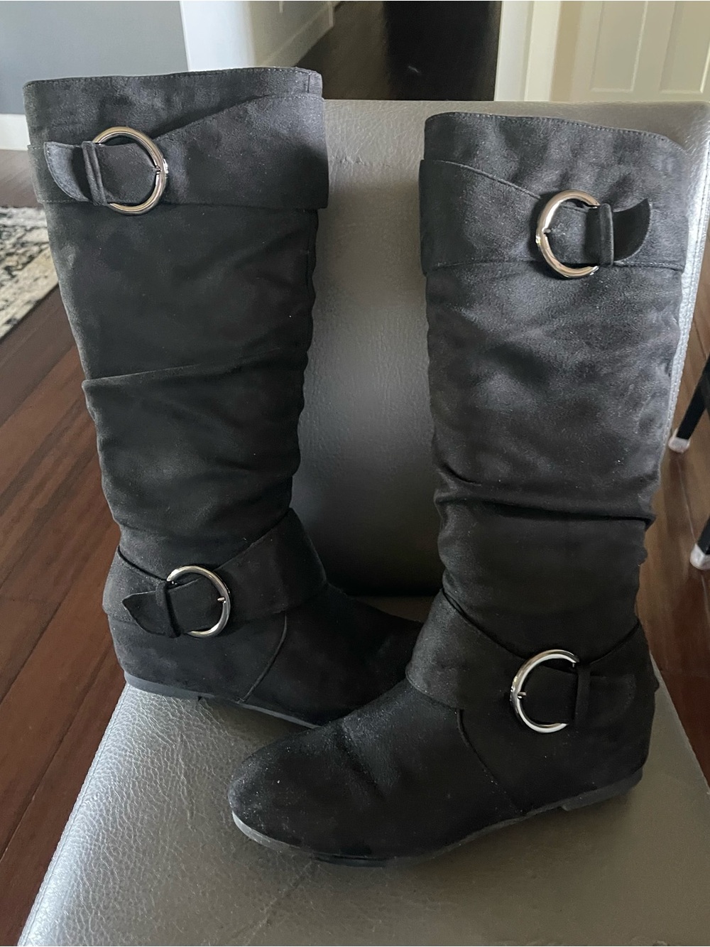 Black Knee-High Buckle Boots - Women's Stylish Riding Boot